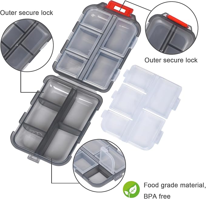 Large Travel Pill Organizer, 10 Compartments Small Portable Pill Case with 189 Medicine Labels, Compact Medicine Storage Box for Purse, Pocket, Airplane, Travel, Nurse Daily Use 3 Pack