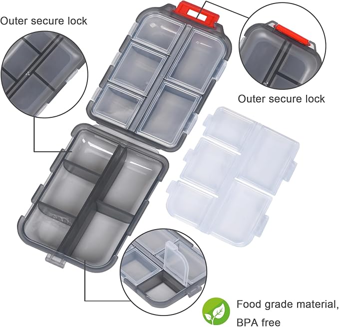 Large Pill Organizer with 189 Labels, 10 Compartments Travel Medicine Kit Travel Medicine Organizer Pocket Pill Case Travel Pill Box Travel Pill Organizer for Purse Vacation Essentials (Gray, 1 Pack)