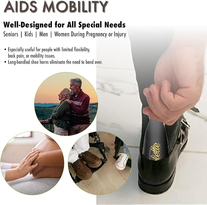 Velette Metal Shoehorn - 2 Pack 7.5" Long Shoe Horn, Travel Shoe Horn for Kids, Men & Women - Stainless Steel Shoes Helper, Spoon, Travel Size Shoehorn for Boots, Shoes, Sneakers & Heels - Black