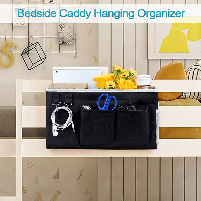 Bedside Caddy, Bedside Storage Bag Hanging Organizer for Bunk Dorm Bed Rail | Bed Caddy with Hooks, Top Bunks and Dorm Essentials for Water, Tissues, Tablets, Books, Phones, Remotes and Other Necessories