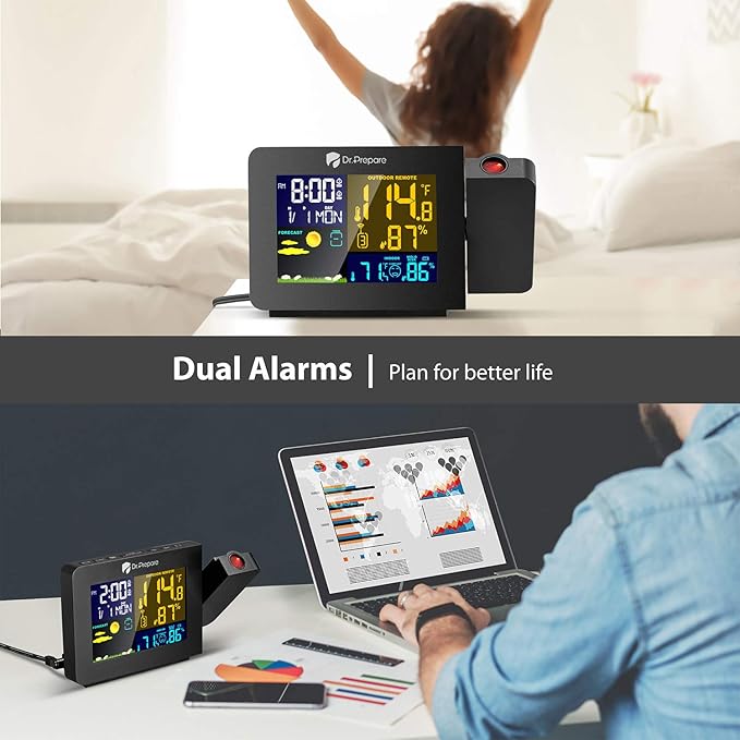 DR.PREPARE Projection Alarm Clock, Indoor Outdoor Temperature Display, Dual Alarms, Snooze, Weather Forecast, Digital Clock Projector for Bedroom