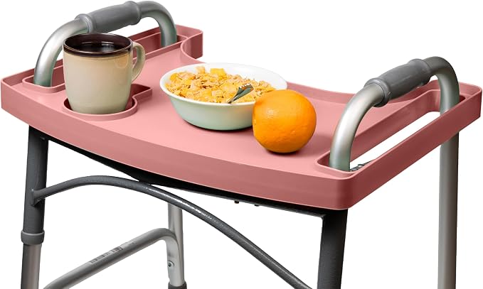 Sigo Pink Walker Tray for Rolling Folding Walker, Tray Table with Cup Holder for Standard Walkers Seniors, Detachable Non Slip TV Accessories Basket Holding Plate Cups Clip On Small Bag Carrier (Pink)