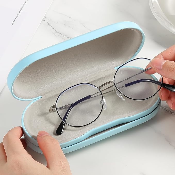 MoKo Double Eyeglass Case, Contact Lens Case with Mirror Tweezers Remover, 2 in 1 Double Sided Portable Contact Lens Box Holder Container Soak Storage Kit Sunglasses Pouch for Men & Women, Light Blue