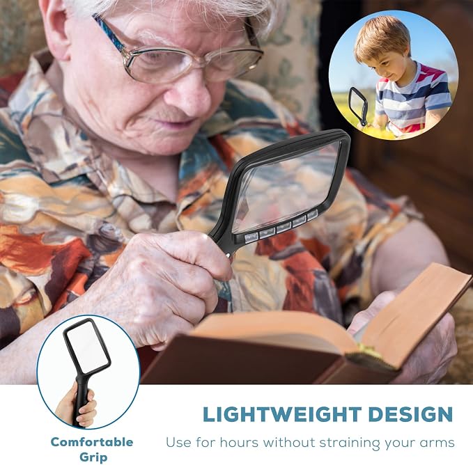 Folding Handheld Magnifying Glass with Light, 5X Large Rectangle Reading Magnifier with Dimmable LED for Seniors with Macular Degeneration, Newspaper, Books, Small Print, Lighted for Low Visions Black