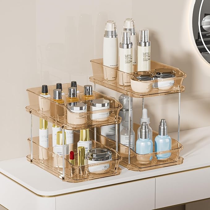 Delamu 2-Tier Under Sink Organizers and Storage, Multi-Purpose Stackable Bathroom Cabinet Organizers, Pull Out Kitchen Pantry Organization and Storage with Dividers(2 Pack, Amber)