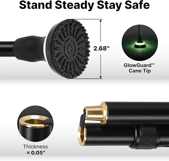 GlowGuard Walking Cane for Men & Women - Extra-Wide 2.68" Glow Cane Tip with Photoluminescent Ring, Height Adjustable (31.1" to 37.8"), 350 lbs Capacity