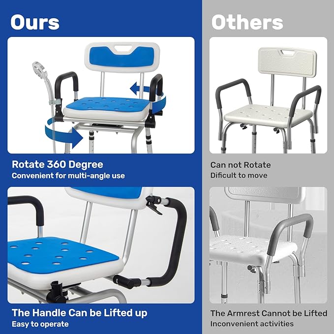 Swivel Shower Chair for Inside Shower with Pivoting Arms, 360° Rotating Shower Chair for Elderly and Disabled, Adjustable Height Swivel Bath Chair with Extra Accessories