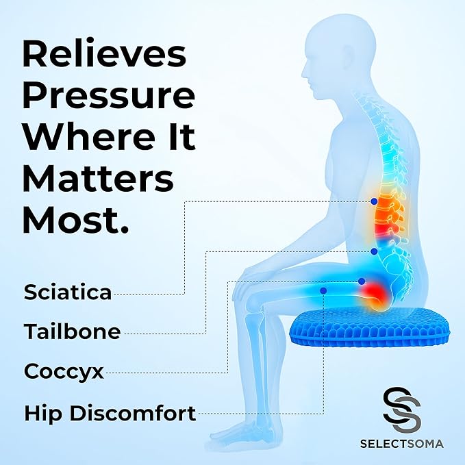 SelectSoma Gel Seat Cushion for Long Sitting, Pressure Relief for Sciatica, Tailbone, Coccyx & Back Pain, Office Chair, Wheelchair, Car & Truck – Standard Size Blue Gel