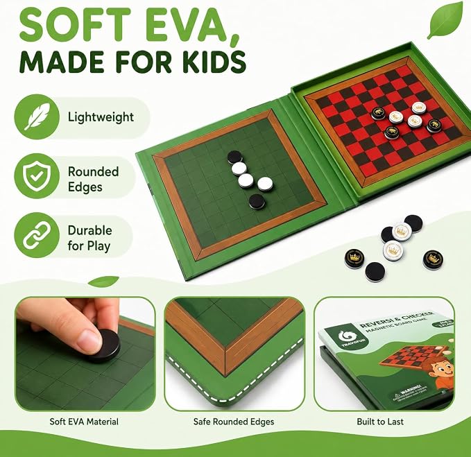 2-in-1 Checkers & Reversi Board Game | Magnetic Travel Games for Kids 8-12 | Plane Activities for Kids Ages 8-12 | Foldable Magnetic Checkers & Travel Activities
