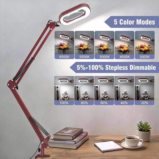 16" Extra Long Magnifying Glass with Light and Clamp, Real Glass, 5 Color Modes, Stepless Dimmable, Lighted Magnifier with Stand Hands Free, LED Swing Arm Desk Lamp for Close Work, Craft, Red