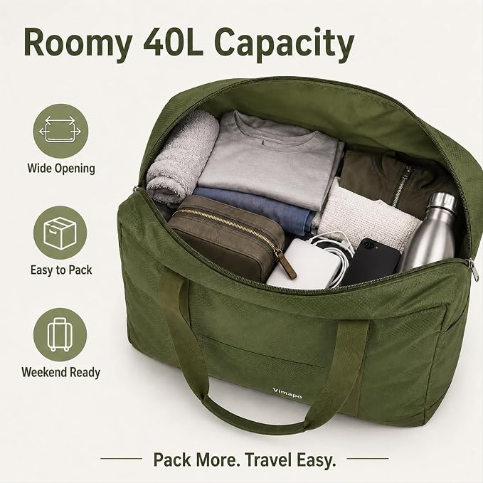 Foldable Travel Duffle Bag with Trolley Sleeve 40L Capacity, Lightweight Packable Travel Duffel Bags with the Keyhole Zipper, Weekender Overnight Nylon Carry on Bag for Men & Women, Army Green