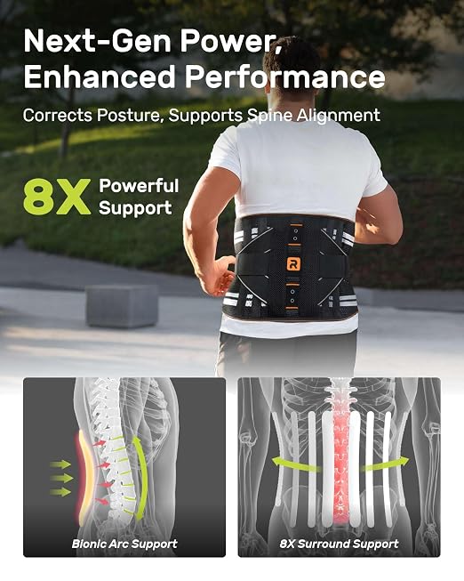 Rakiie Lower Back Brace for Women, Back Belt Support for Men with 8 Stays, Soft Lumbar Support with Full Protection, Orange Size L