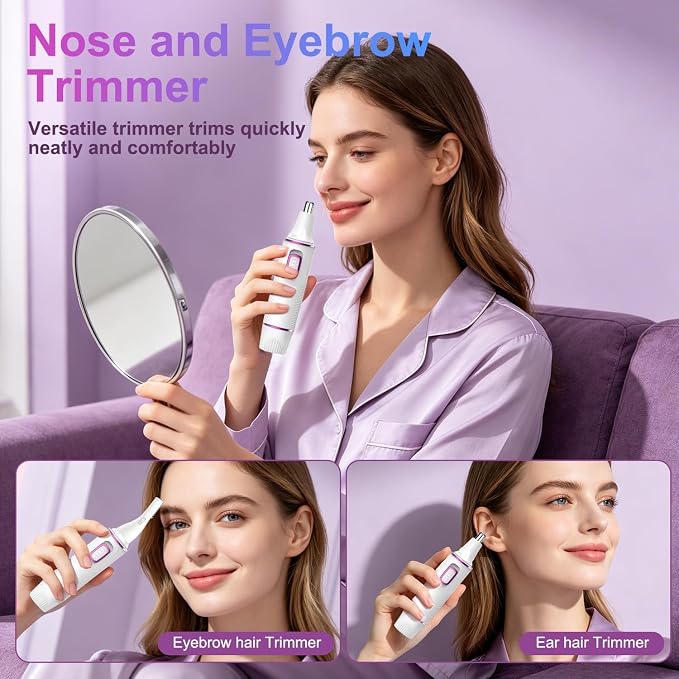 AREYZIN Nose Hair Trimmer for Women, 2 in 1 Professional Painless Electric Facial and Eyebrow Hair Remover, IPX7 Waterproof, USB Rechargeable, Dual-Edge Blades (White)