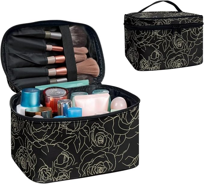Rose Flowers Large Travel Toiletry Bag for Women Makeup Bags, Line Drawing Roses Floral Dopp Kit Portable Cosmetic Organizer for Toiletries