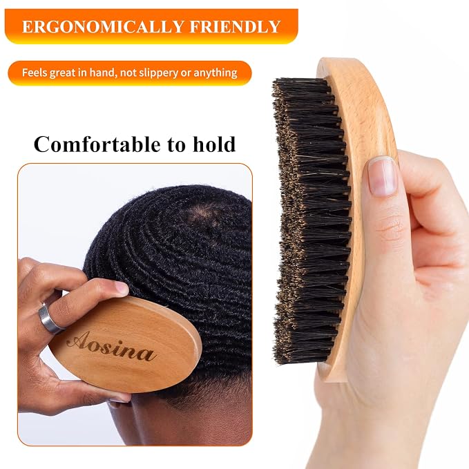 Soft 360 Wave Brush for Men, 100% Pure Boar Bristle Hair Brush for Men, Beech Wood Curved Palm Brush for Fresh Cuts, Beginners, Short Hair Waves & Beard Grooming