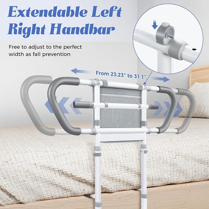 Bed Rails for Elderly Safety 400lb, Adjustable Assist Handle with Pocket | Fits frames 13.19"-19.16". Steel frame holds 400 lbs. Non-slip handle & rubber feet. No-tool assembly