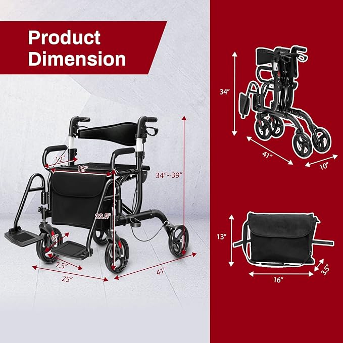 Goplus 2 in 1 Rollator Walker for Seniors, Medical Walker with Seat, Folding Transport Wheelchair Rollator with 8" Wheels, Reversible Backrest, Footrests, Aluminum Mobility Walking Aid (Black)