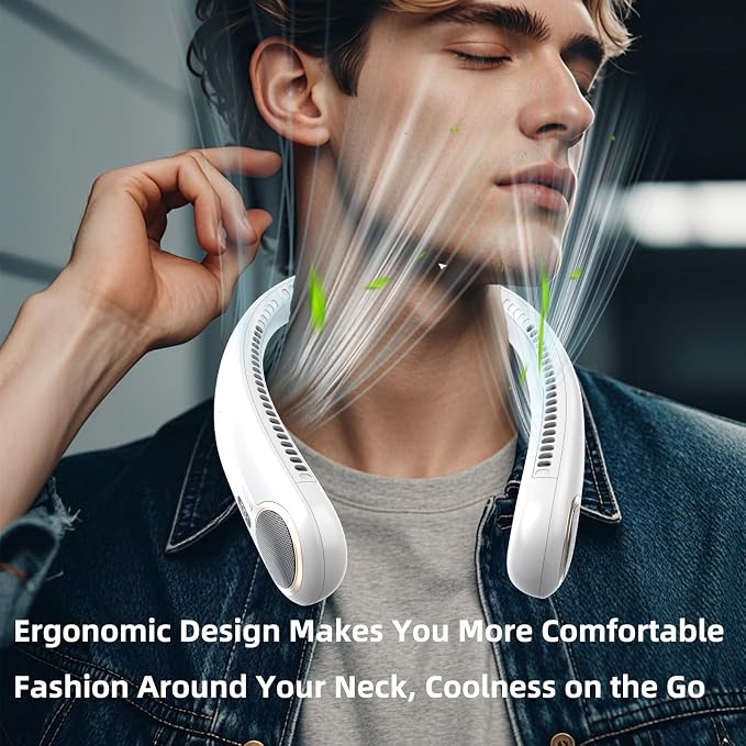 Portable Neck Fan, Personal Wearable Bladeless Fan, 6000mAh USB Rechargeable, 360° Airflow, LED Display, 4-Speeds, Hands Free Fan for Outdoor Indoor, Birthday Gifts for Men Women Dad Mom (White)