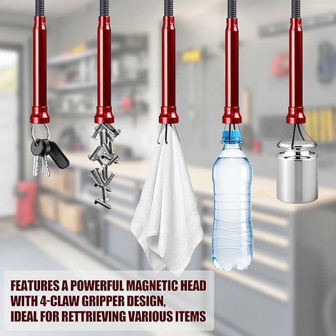 Flexible Grabber Tool, Magnetic 4-Claw Gripper (24", Red) | Mechanic Pickup Tool with Spring-Loaded Handle; for Automotive, Engine Bay, Bathroom, Kitchen, Sewers, Drain, Small Spaces