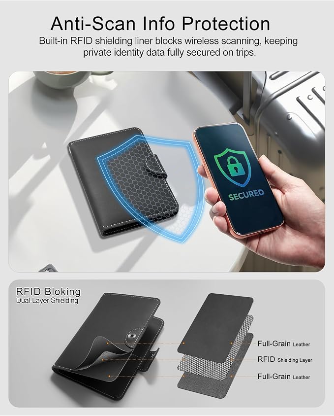 RFID Passport Holder for Travel with Hidden Airtag Slot – Genuine Leather Passport Wallet, Travel Gift for Men & Women