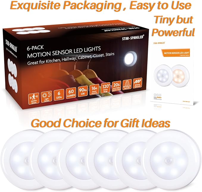 STAR-SPANGLED 2.8” LED Motion Sensor Light Indoor AAA Battery, 6 Pack White | Stick on Puck Light Battery Operated, Round Motion Activated Night Lamp, For Closet Stairs Under Cabinet Kitchen Pantry Shelf