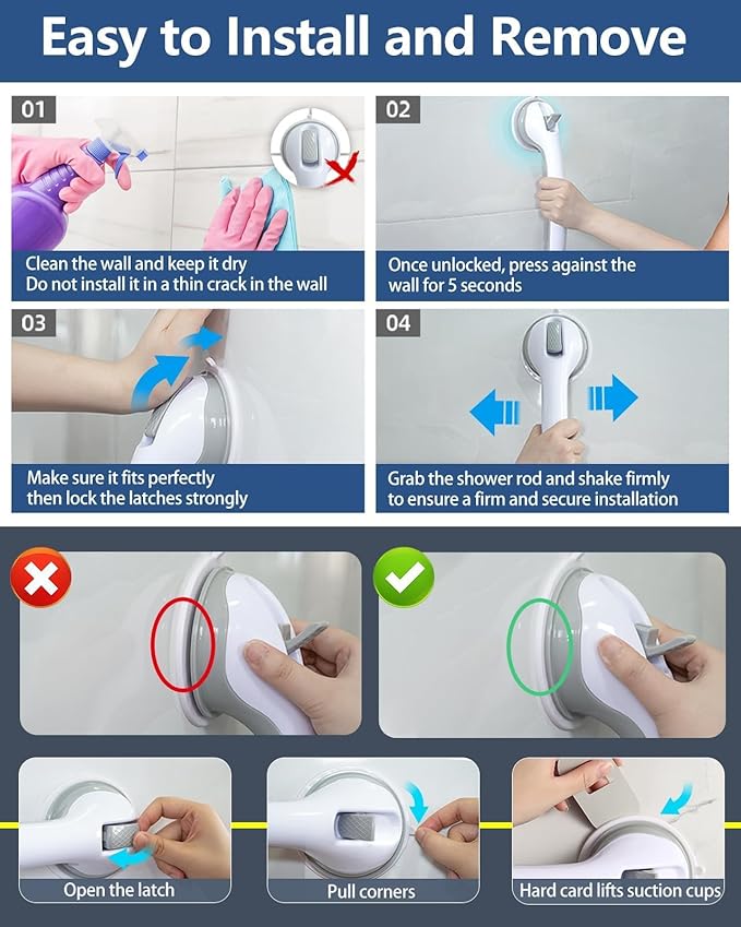 2 Pack 16.2” Grab Bars for Bathtubs and Showers, Shower Handles for Elderly Suction Cup Grab Bars for Shower Wall Heavy Duty, Safety Grab Bar for Seniors Suction Bathroom, No Drilling