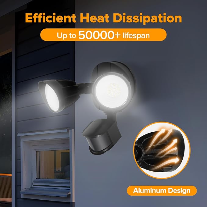 UME 2 Pack LED Security Light Motion Sensor Outdoor Lights, 27W 3500LM, 5000K, IP65 Waterproof, Dusk to Dawn, 2 Head Motion Detector Flood Light for Outside, Garage, Yard (Black)