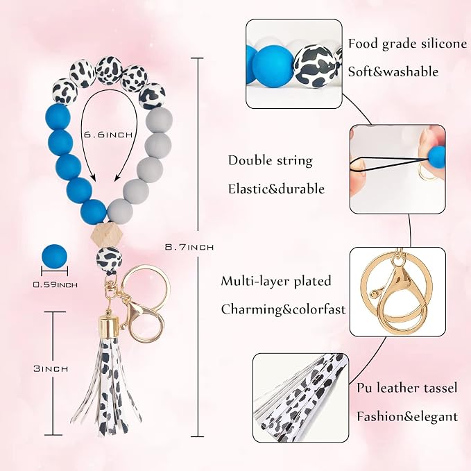 BAOSIWA Silicone Key Ring Bracelet Wristlet Keychain Unique Beaded Bangle Key Chains for Women with Leather Tassel