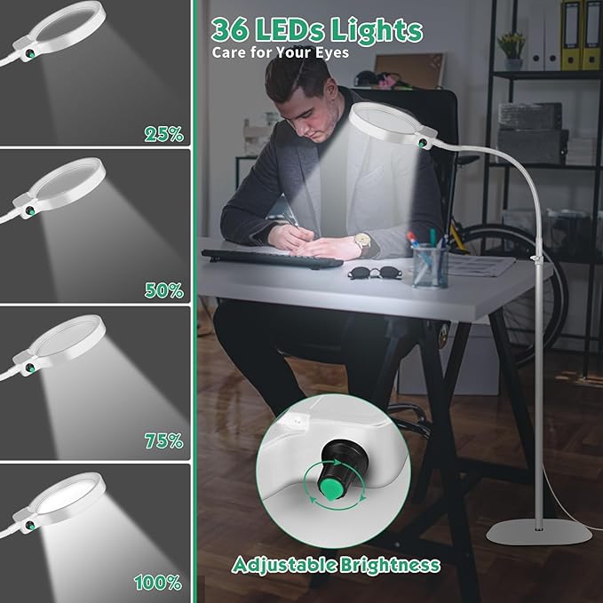 10X 30X Large Magnifying Glass with Light and Stand,36 LED Flexible Gooseneck Floor Magnifying Lamp,Adjustable Brightness Lighted Magnifiers for Reading,Sewing,Crafts,Painting,DIY,Close Work