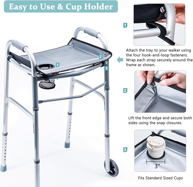 BAGSFY Walker Tray for Folding Walkers with Cup Holder – Hard Tray Table for Seniors,Easy Install, Universal Fit Walker Accessory for Meals, Drinks, Reading, Laptop