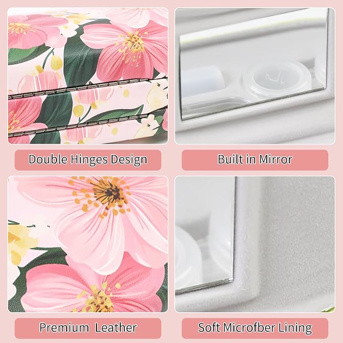 2 in 1 Contact Lens Case and Eyeglasses Case for Women Men Kids, Double Sided Hard Shell Portable Glasses Travel Holder with Built-in Mirror, Contact Lens Box Storage Kit (Pink Flower)