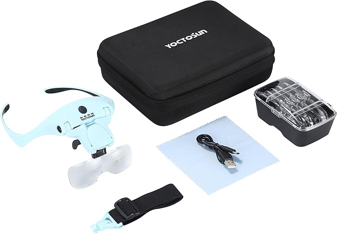 YOCTOSUN Magnifying Glasses with 4 LED Lights, Head Mount Magnifier with Storage Case,5 Lenses, Headband, Hands Free Lighted Head Magnifying Visor for Hobby Crafts & Close Work
