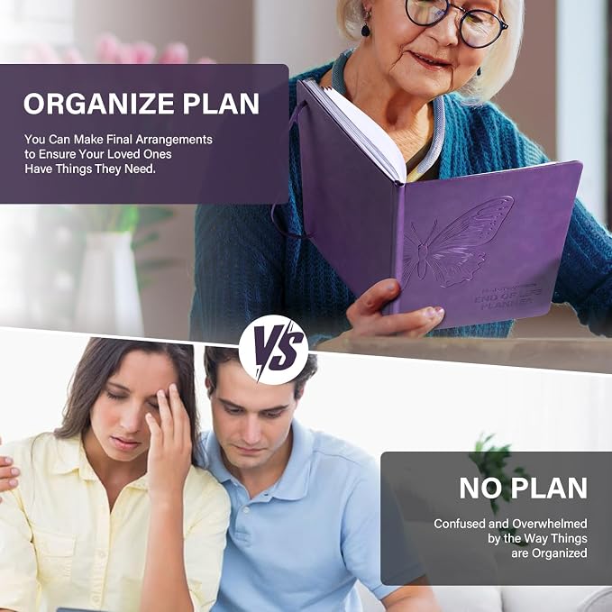 Molekaus End of Life Planner with Tabs, 7"x10" | Guided Estate Planning Organizer, Large Print, 120GSM Thick Paper, Inner Document Pockets for Final & Legal Affairs, Purple