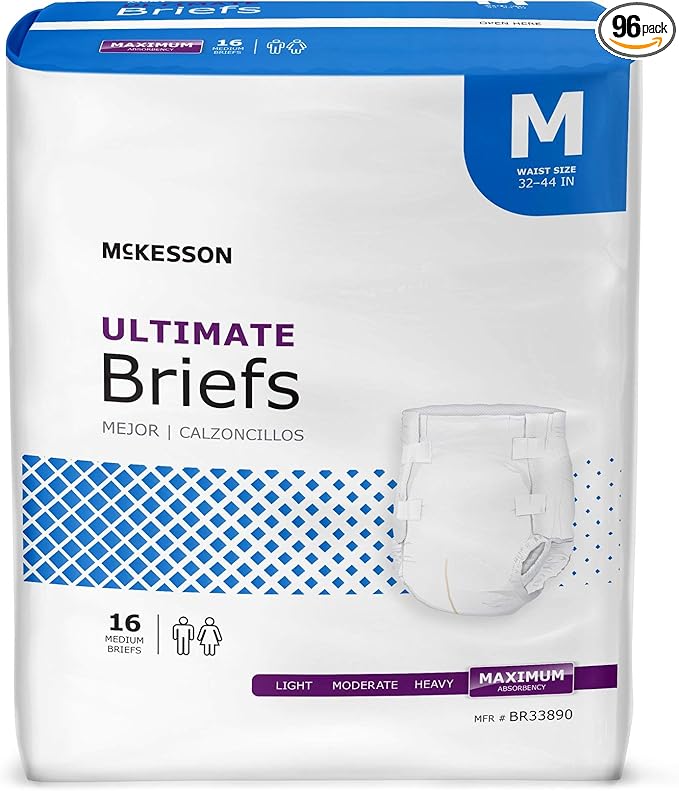 McKesson Ultimate Briefs, [96 Count], Size M, 32-44 in. Incontinence Adult Diapers with Tabs, Maximum Absorbency, Unisex, Disposable, Elastic Leg Gathers and Contoured Fit for Men and Women