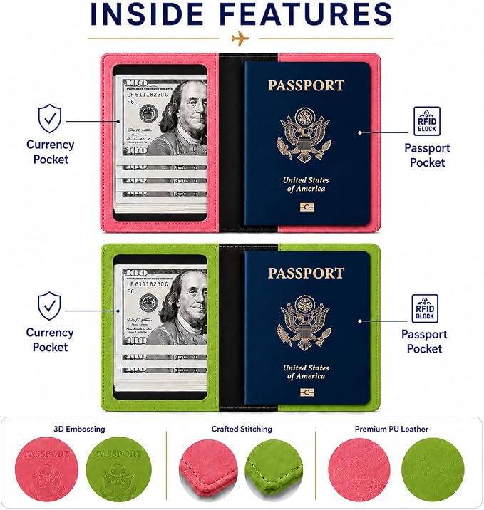 Ciana RFID Passport Holder for Travel – PU Leather Passport Cover and Card Holder for Men & Women – Slim Passport Holder with Card Protector Slot, Travel Must Haves (Pink - Lime Green)