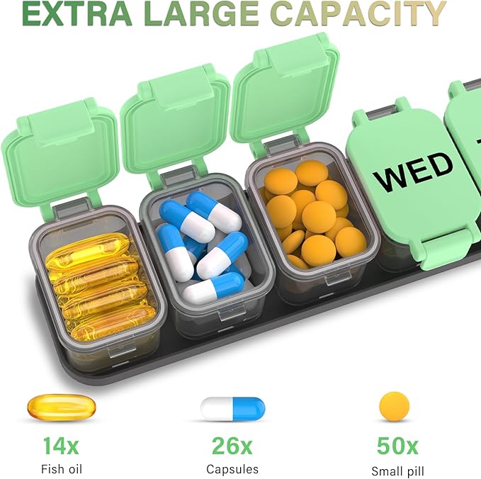 Extra Large Weekly Pill Organizer - XL Vitamin Holder with 7 Detachable Compartments, Portable Medicine Pill Organizer for Supplements, Daily Pill Case for Home and Travel,Green