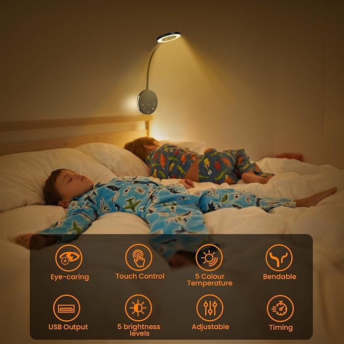 Wall Mounted Reading Light,Headboard Reading Lamp with 5 Color Temperature &5 Dimming,360°Flexible Gooseneck,USB Output, Night Light&Timer Function- Perfect for Reading in Bed Black 2 PCS