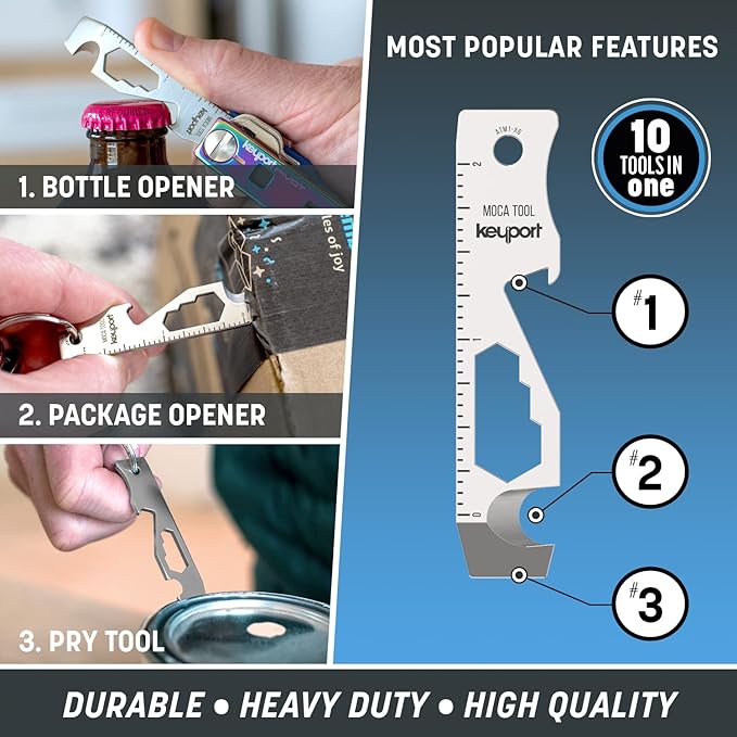 Keyport MOCA 10-in-1 Keychain Multitool - Flat EDC Key Tool - Silver | Fits Key Chains, Select Key Organizers | 420 Stainless | Internal Blade, Travel-Friendly | Box Opener, Pry Bar, Bottle Opener