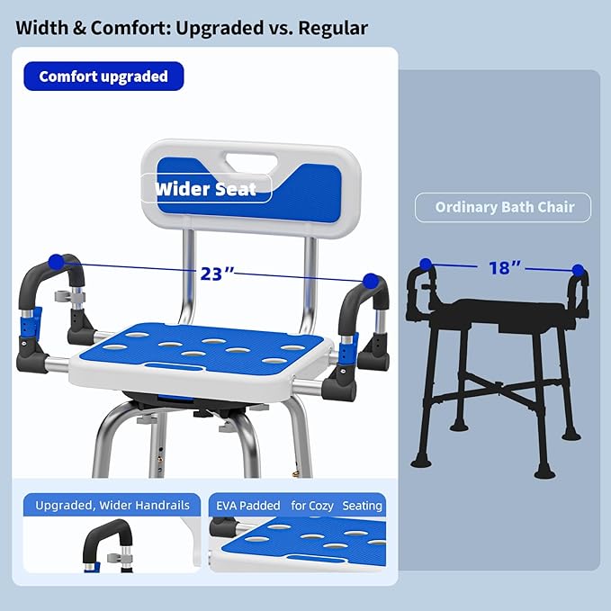 Swive Shower Chair with Arms and Back Heavy Duty 500 lbs for Seniors Elderly Disabled or Bariatric Adults Bench Seat for Inside Shower Stall and Bathroom Bath Tub Seats Adjustable Stool
