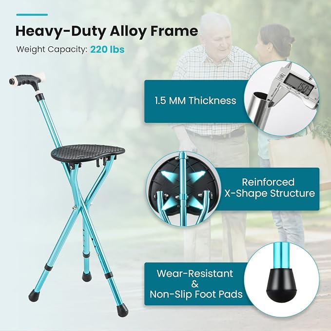 GYMAX Walking Stick Chair Combo, Folding Cane Seat with LED Light, Massage Seat Board & Ergonomic Handle, Adjustable Anti-Skid Walking Stick with Stool, Lightweight Outdoor Travel Rest Stool