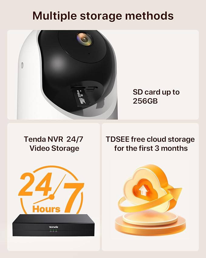 Tenda 2K Indoor Security Camera for Baby Monitor, 360°Pet/Dog Camera for Home Security, 2-Way Audio, Motion Detection, Night Vision, 24/7 Cloud & SD Card Storage (CP3-V3.0 with 64GB SD Card)
