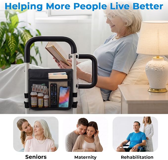 Bed Rails for Elderly Adults Safety, for 400Lbs, Dark Black | Bed Rail for Seniors with Motion Sensor Light, Height Adjustable Bed Assist Bar, Non-Slip Handle, Storage Bag