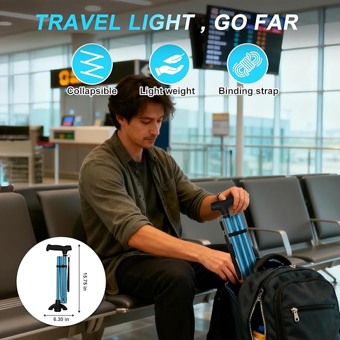Walking Cane for Men and Women, Extended Grip; Solid Base; Foldable; Adjustable Heights; Lightweight; Free Standing; Portable Canes for Seniors Heavy Duty (Blue)