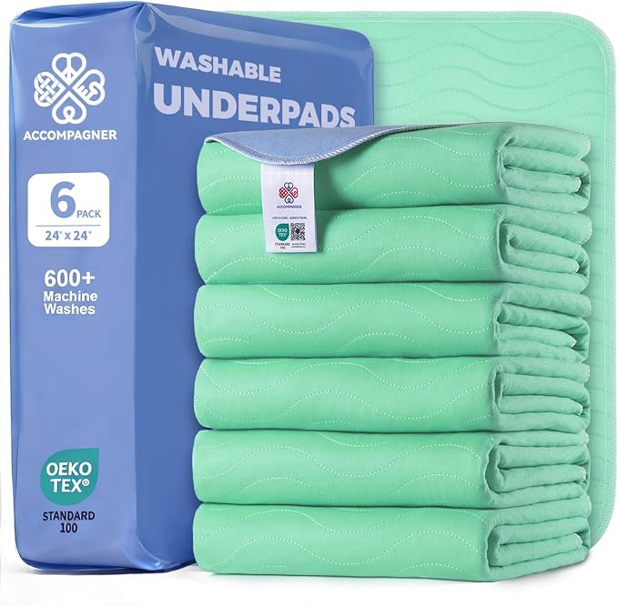 Accompagner Incontinence Bed Pads Washable Waterproof, Ultra-Absorbent Reusable Underpads for Diaper Changing, Nursing, Bedridden, Adults, Seniors, Kids and Dogs (Green, 24"x24"(Pack of 6))