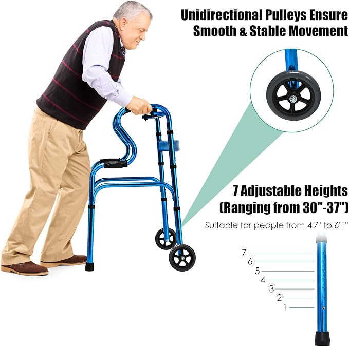 Goplus 3-in-1 Stand-Assist Folding Walker with 5" Wheels, Heavy Duty Walking Mobility Aid Supports up to 220lbs, Can be Used as Toilet Safety Rail, Narrow Drive Walkers for Seniors Elderly Adult