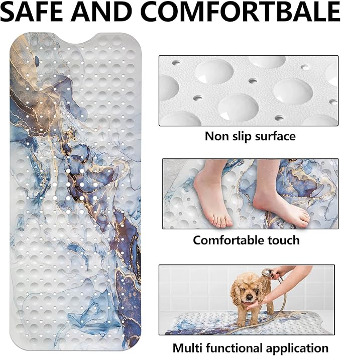LNOND Marble Bath Tub Mat Non Slip, Extra Long 40 X 16 Inch Anti Slip Mat for Bathtub, White Blue Gold Marble Shower Mat with Drain Holes and Suction Cups, Machine Washable