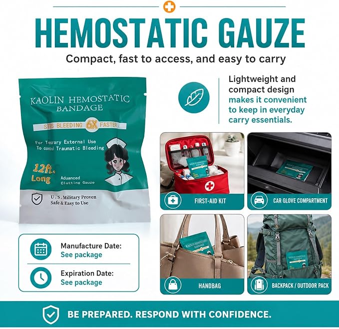 Quick Clot Gauze, First Aid Advanced Stop The Bleed Kit Combat Flexible Hemostatic Gauze-Bleed Stop Faster Wound Packing Medical,Survival Kit Supplies (3" x 12.5) (6)