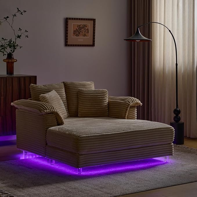 VINGLI Floating Chaise Lounge Chair with LED Light, Cloud Couch with Pillow Armrests, Acrylic Legs, High Density Foam Lounge Sofa, Modern Upholstered Chaise Chair for Living Room, Bedroom, Apartment