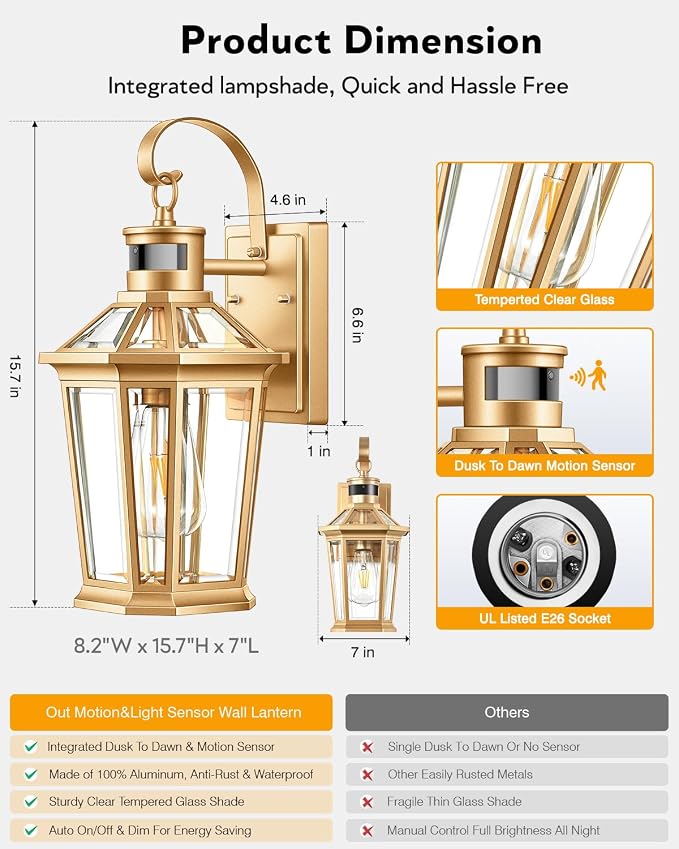 VIANIS Outdoor Wall Lights, Motion Sensor Exterior Light Fixtures Wall Mount, Waterproof Modern Gold Outside Front Porch Light, Anti-Rust Aluminum Outdoor Wall Sconce for House Garage 2 Pack