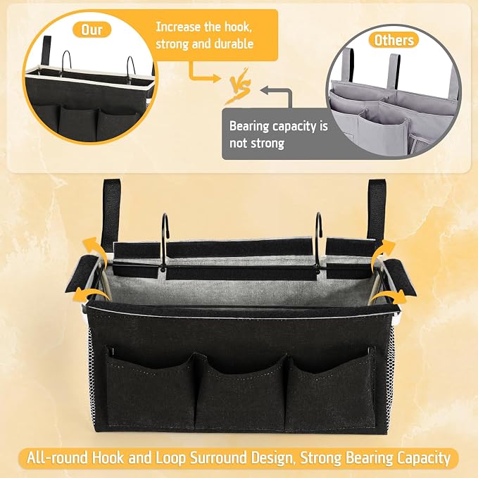 Lilithye Bedside Caddy, Bedside Storage Bag Hanging Organizer for Bunk Bed | Bed Caddy with Fixed Straps and Water Bottle Holder for Home, College Dorm, Bunk Bed, Hospital Bed and Crib Bed Rails